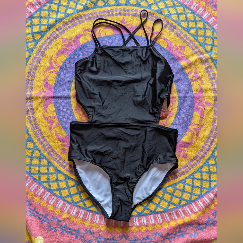 Kanu Surf Girls One Piece Swimsuit With Cutouts Size 14 Black NWT